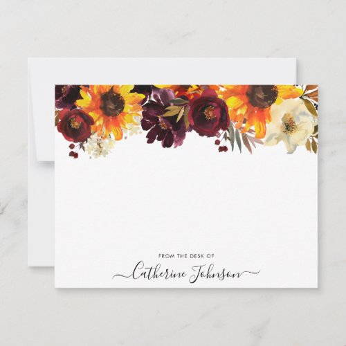 Rustic Sunflower Burgundy Rose Floral Watercolor Note Card