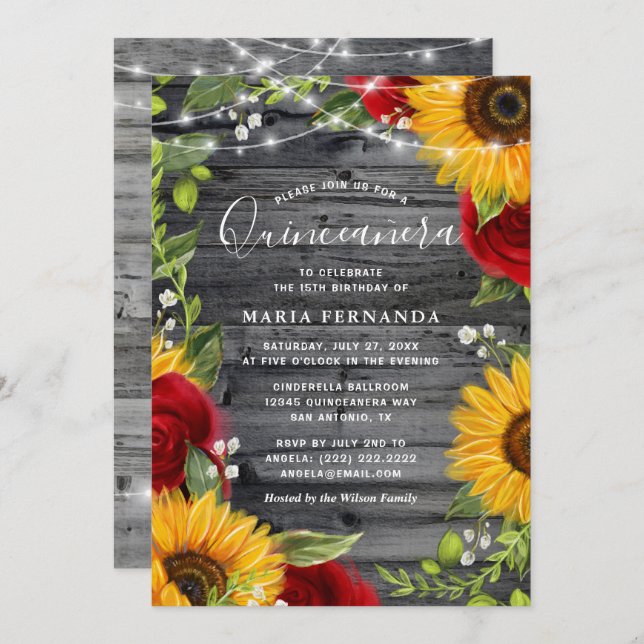 Rustic Sunflower Burgundy Rose Wood Quinceanera Invitation (Front/Back)