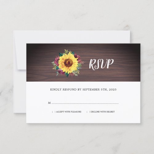 Rustic Sunflower Burgundy Rose Wood Wedding RSVP Card