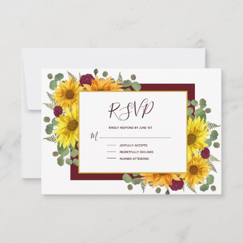 Rustic Sunflower Burgundy Roses Country Wedding RSVP Card
