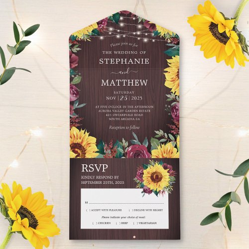 Rustic Sunflower Burgundy Roses Lights Wedding All In One Invitation