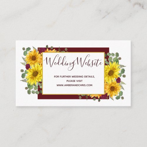 Rustic Sunflower Burgundy Roses Wedding Website Enclosure Card