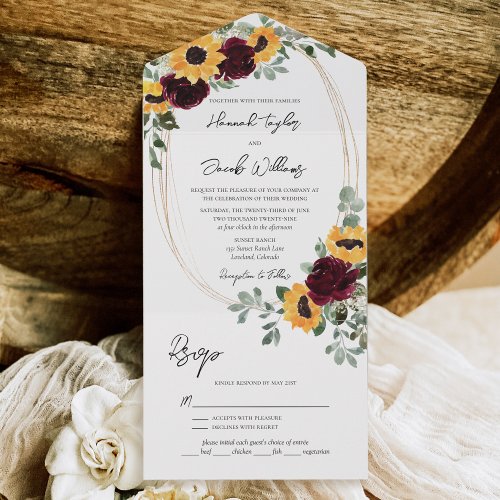 Rustic Sunflower Burgundy Roses with RSVP Wedding All In One Invitation