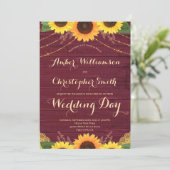 Rustic Sunflower Burgundy String Lights Wedding Invitation (Standing Front)