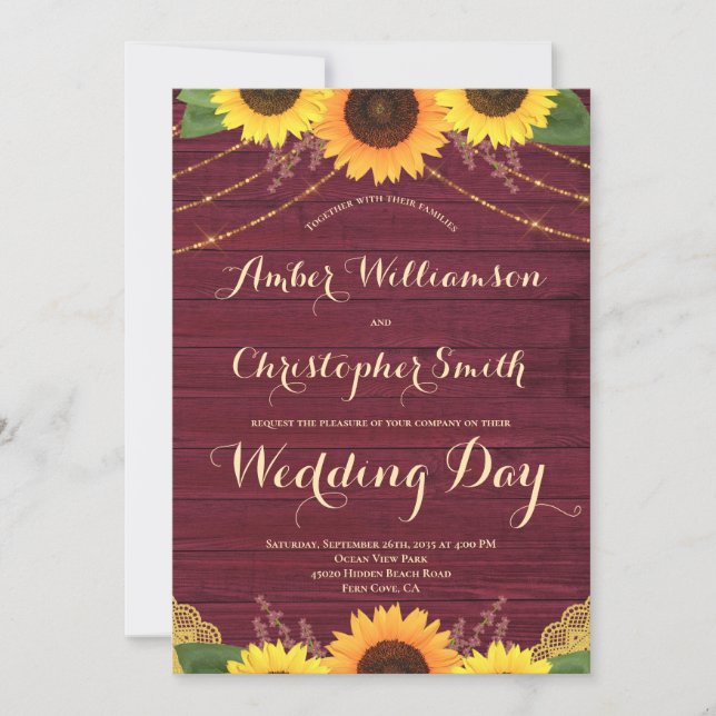 Rustic Sunflower Burgundy String Lights Wedding Invitation (Front)