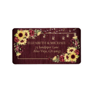 Rustic Sunflower Burgundy Wood Floral Address Label