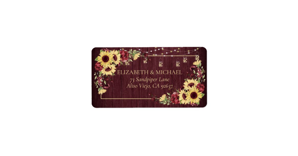 Rustic Sunflower Burgundy Wood Floral Address Label | Zazzle