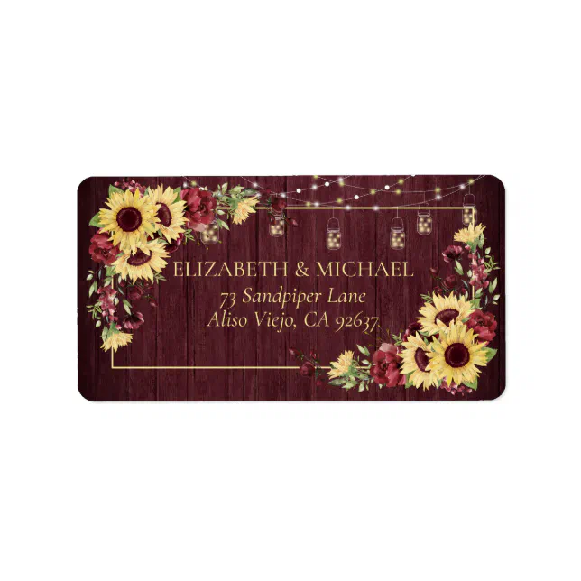Rustic Sunflower Burgundy Wood Floral Address Label | Zazzle