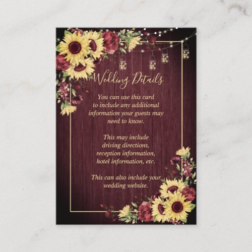 Rustic Sunflower Burgundy Wood Floral Details Enclosure Card