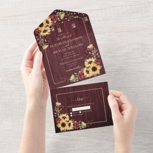 Rustic Sunflower Burgundy Wood Floral No Menu All In One Invitation