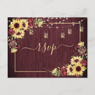 Rustic Sunflower Burgundy Wood Floral RSVP +Menu Invitation Postcard