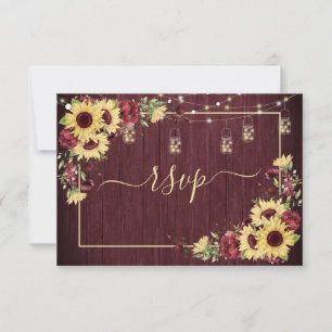 Rustic Sunflower Burgundy Wood Floral RSVP No Menu