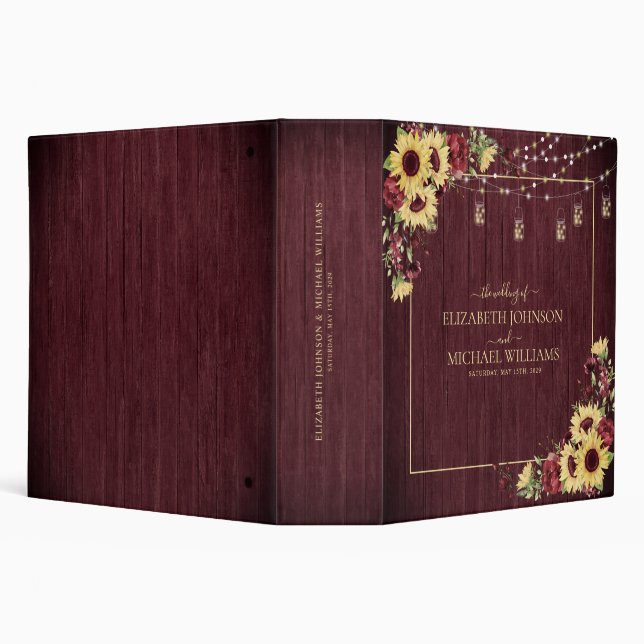 Rustic Sunflower Burgundy Wood Floral Wedding 3 Ring Binder (Background)