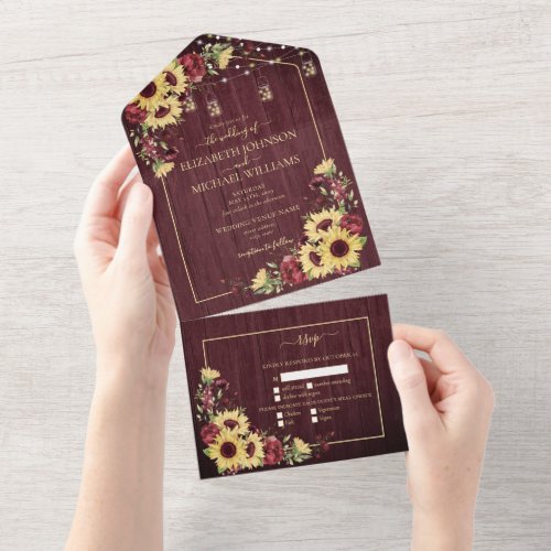 Rustic Sunflower Burgundy Wood Floral Wedding All In One Invitation