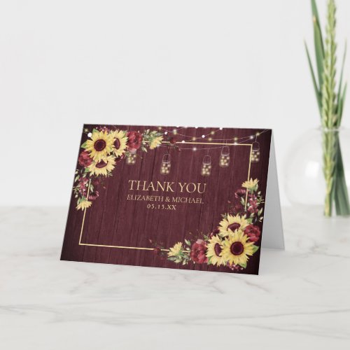 Rustic Sunflower Burgundy Wood Floral Wedding Card