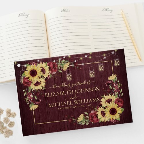 Rustic Sunflower Burgundy Wood Floral Wedding Guest Book
