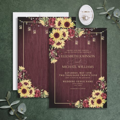 Rustic Sunflower Burgundy Wood Floral Wedding Invi Invitation