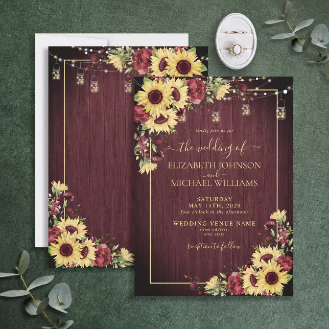 Rustic Sunflower Burgundy Wood Floral Wedding Invitation | Zazzle