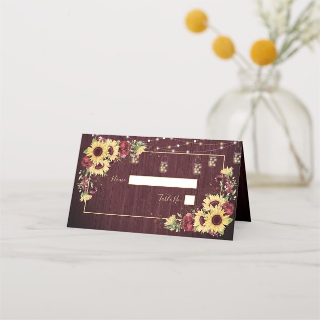 Rustic Sunflower Burgundy Wood Floral Wedding Place Card (Front)