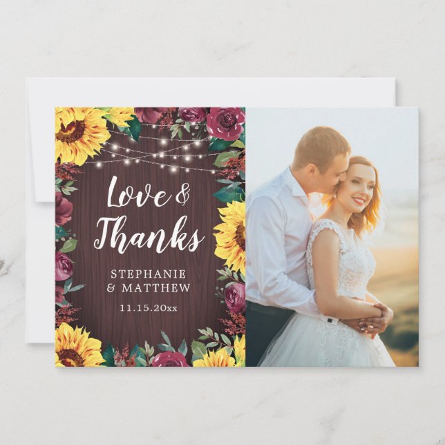 Rustic Sunflower Burgundy Wood Light Wedding Photo Thank You Card (Front)
