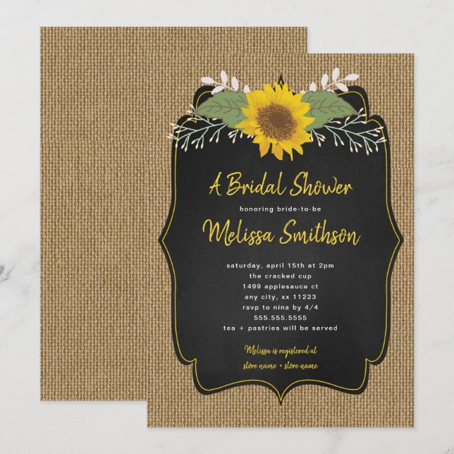 Rustic Sunflower Burlap Chalkboard Bridal Shower Invitation (Front/Back)