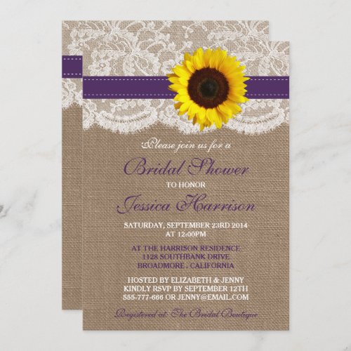 Rustic Sunflower Burlap  Lace Bridal Shower Invitation