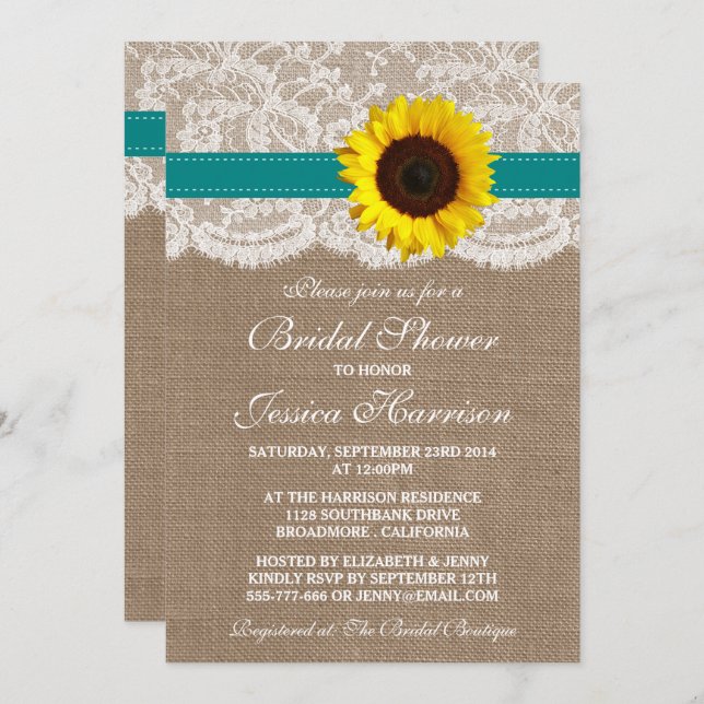 Rustic Sunflower, Burlap & Lace Bridal Shower Invitation (Front/Back)