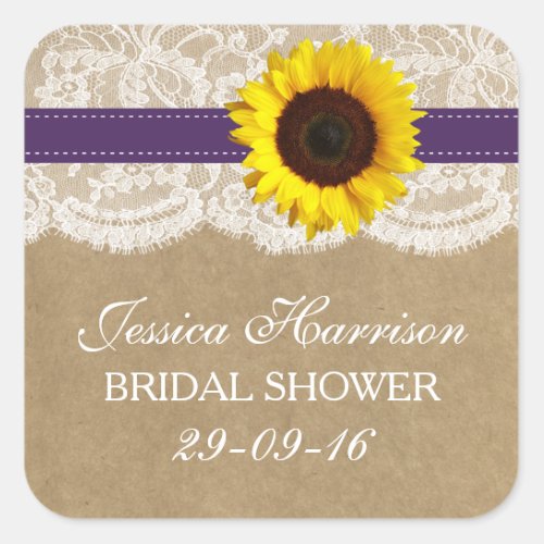 Rustic Sunflower Burlap  Lace Bridal Shower Square Sticker