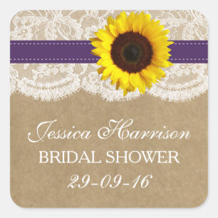 Rustic Sunflower, Burlap & Lace Bridal Shower Square Sticker