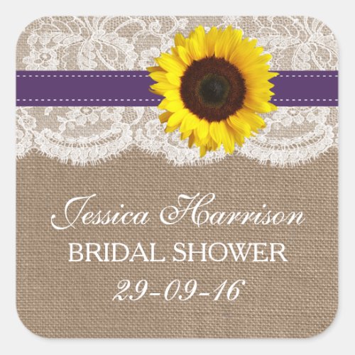 Rustic Sunflower Burlap  Lace Bridal Shower Square Sticker