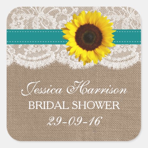 Rustic Sunflower Burlap  Lace Bridal Shower Square Sticker