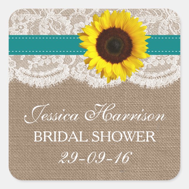 Rustic Sunflower, Burlap & Lace Bridal Shower Square Sticker (Front)