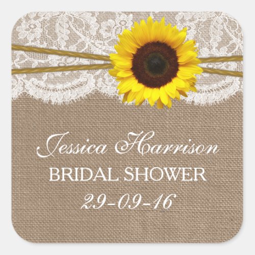 Rustic Sunflower Burlap  Lace Bridal Shower Square Sticker