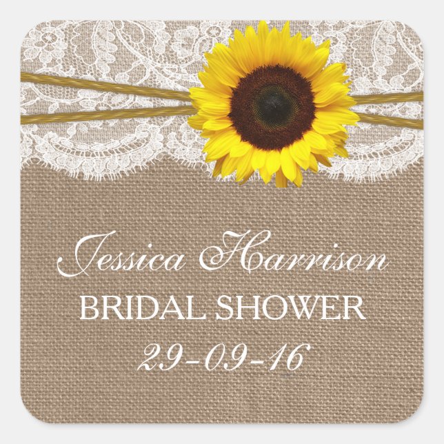 Rustic Sunflower, Burlap & Lace Bridal Shower Square Sticker (Front)