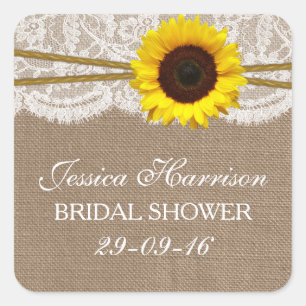 Rustic Sunflower, Burlap & Lace Bridal Shower Square Sticker