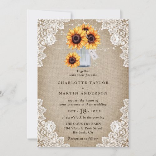 Rustic Sunflower Burlap Lace Mason Jar Wedding Invitation