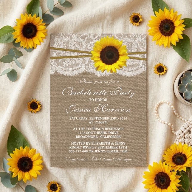 Rustic Sunflower Burlap, Lace & Twine Bachelorette Invitation (Creator Uploaded)