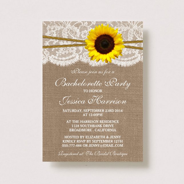Rustic Sunflower Burlap, Lace & Twine Bachelorette Invitation (Creator Uploaded)