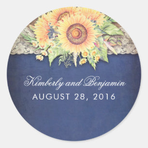 Rustic Sunflower Burlap Navy Wedding Classic Round Sticker