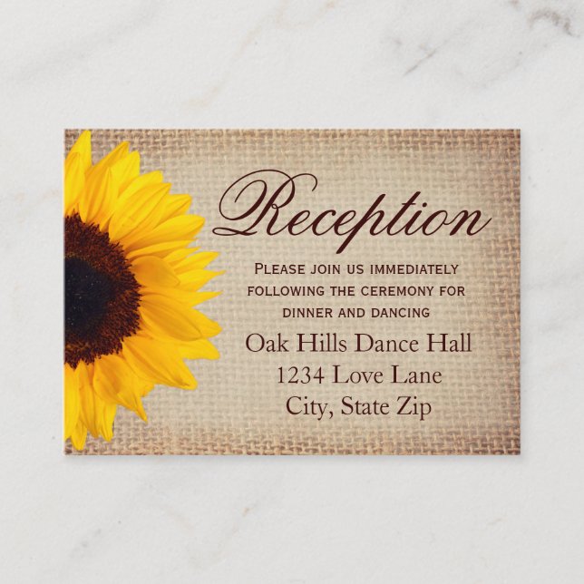 Rustic Sunflower Burlap Wedding Reception Cards (Front)