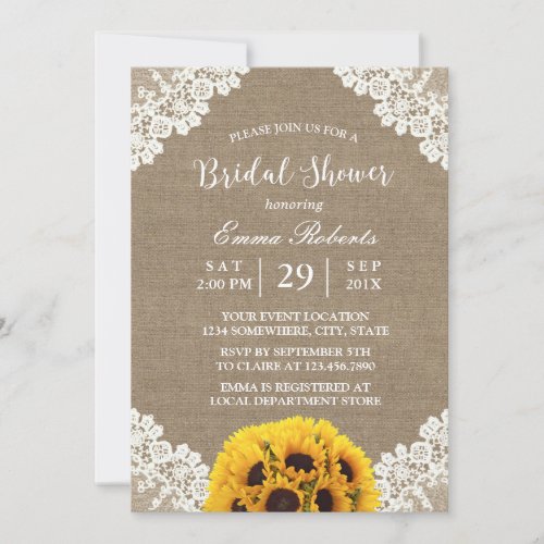 Rustic Sunflower Burlap White Lace Bridal Shower Invitation