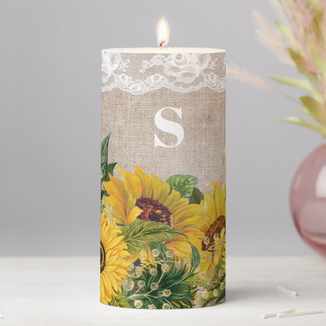 Rustic Sunflower Burlap White Lace Monogram Pillar Candle (In Situ)