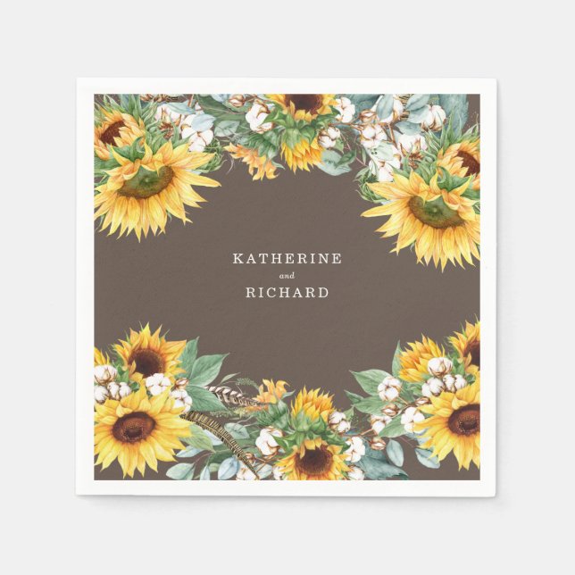 Rustic Sunflower Burst Custom Couple Names Napkins (Front)