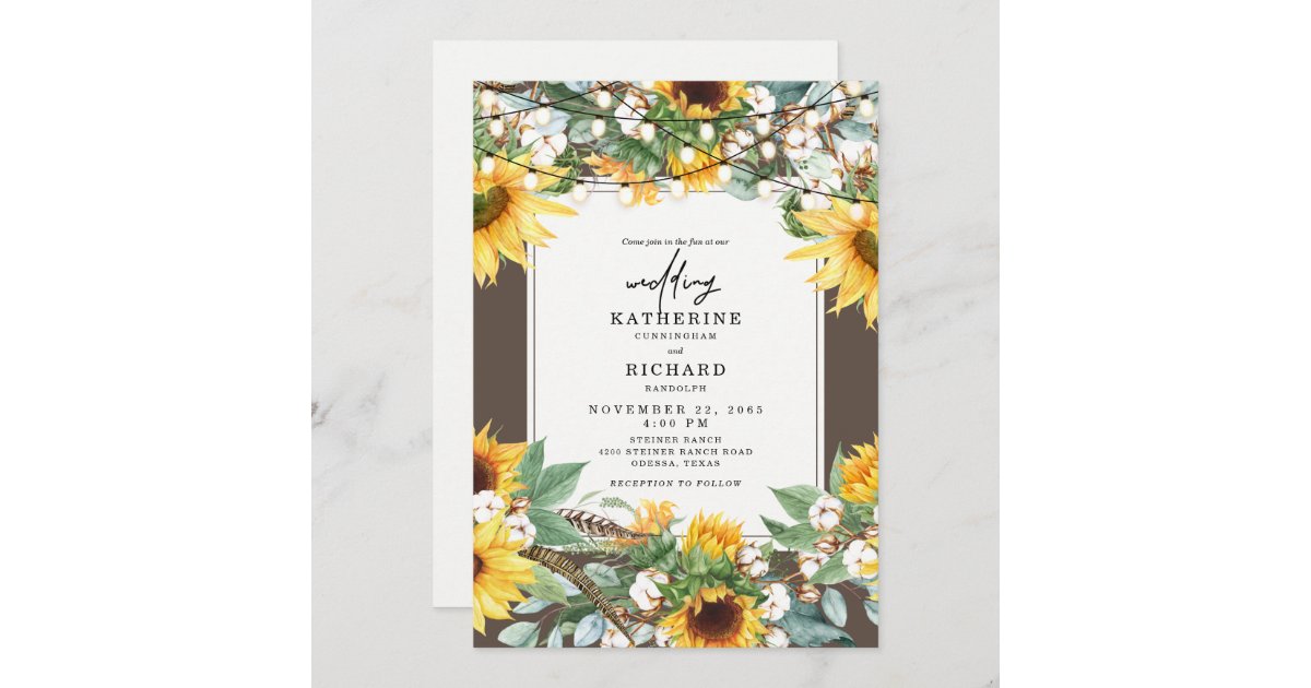 Rustic Sunflower Burst String Lights Invitation | Zazzle