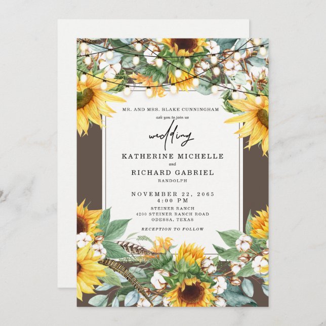 Rustic Sunflower Burst String Lights Parents Invitation (Front/Back)