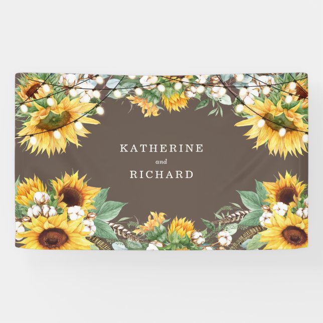 Rustic Sunflower Burst String Lights Wedding Banner (Horizontal)