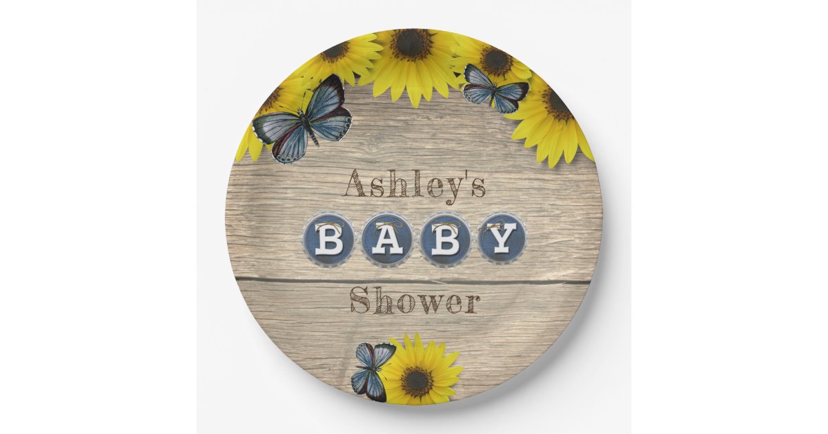 Rustic Sunflower Butterflies Baby Shower Paper Plate