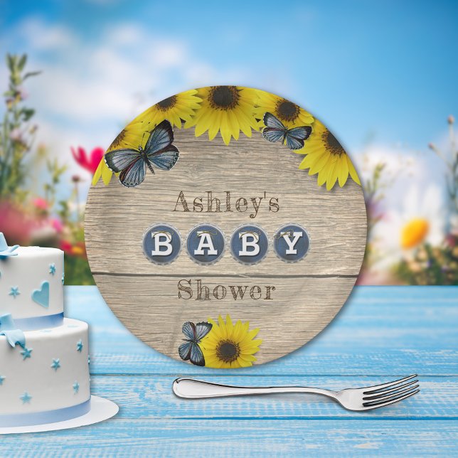 Rustic Sunflower Butterflies Baby Shower Paper Plates (Creator Uploaded)