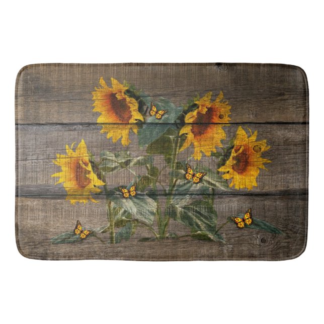 Rustic Sunflower Butterflies Barn Board Bath Mat (Front)
