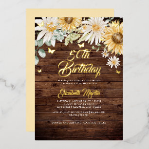 Rustic Sunflower Butterfly 50th Birthday Party Foil Invitation